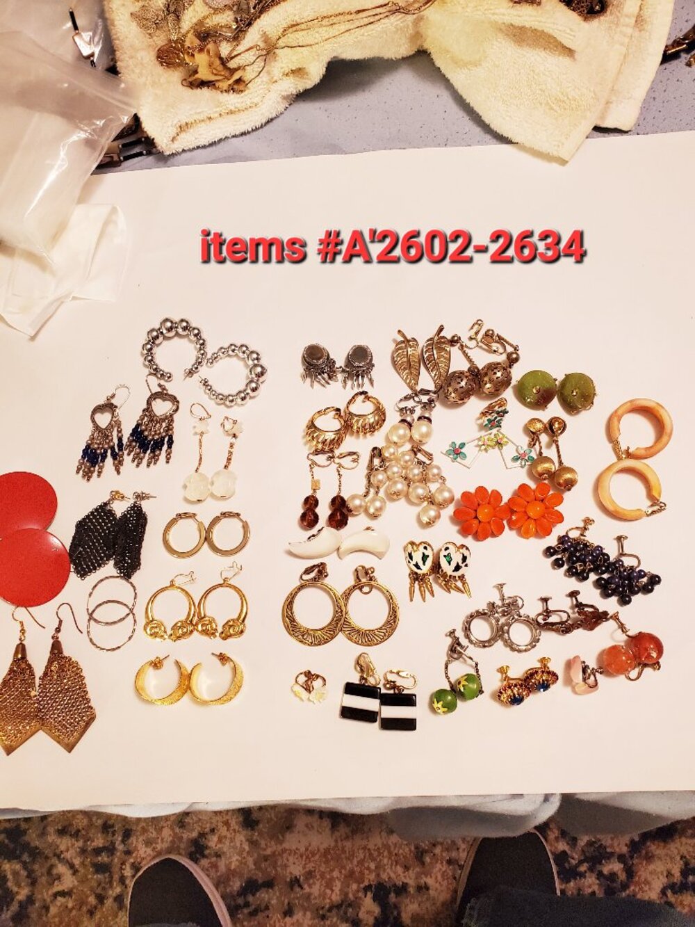 33 Pair of Earrings, items # A-2602-2634,. wt 304 grams.